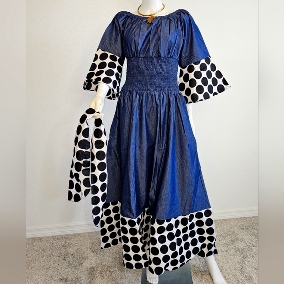 Polka Dot Maxi  Denim Off-shoulder Dress Printed trim - One Size Fits M - 2XL - Picture 1 of 3